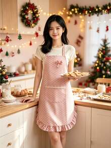 1pc Cute Pink Bow Print Ruffle Trim Women's Kitchen Apron, Sweet Lace Pocket Waterproof Home Cleaning Cooking Apron, Japanese & Korean Style Housework Baking Cleaning Gardening Apron - Multicolor - View 1