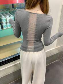 Women's Knitted Long Sleeve V-Neck Top, Contrast Lace Trim, Semi-Sheer Regular Fit, Suitable For Daily Wear - Grey - View 8