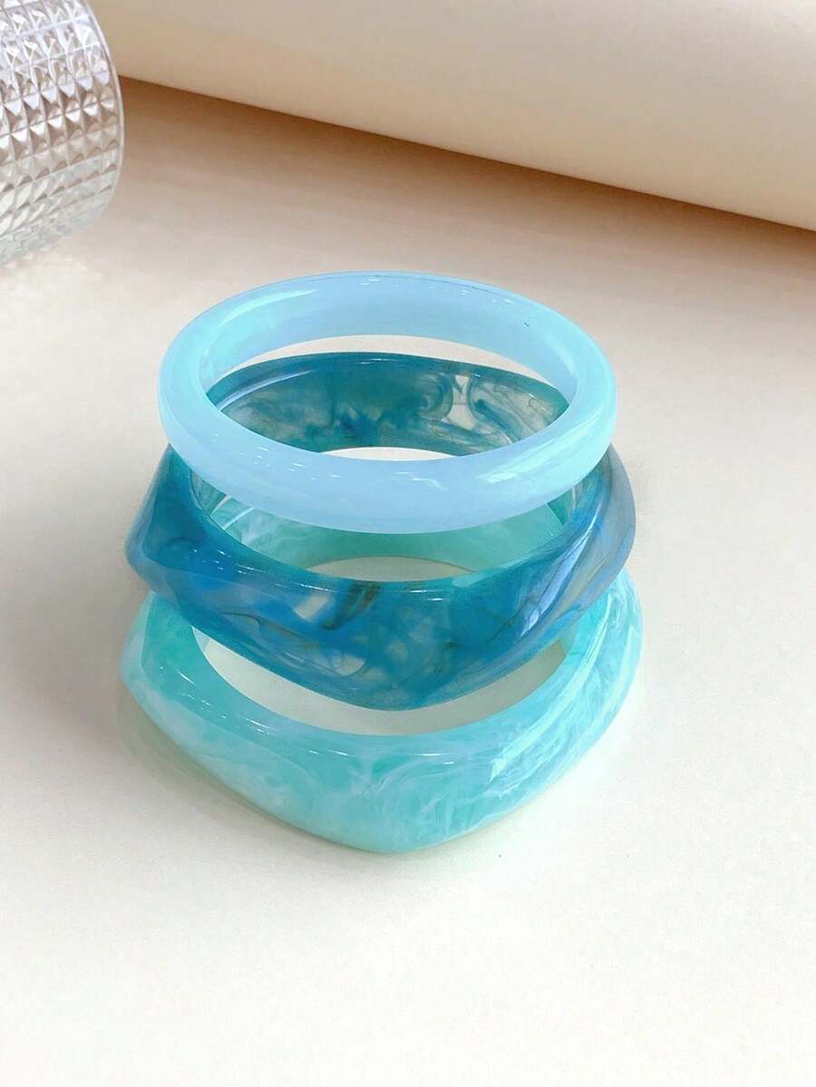 LADYCOCO 3件組復古厚款藍色壓克力樹脂手鐲，適合女性派對與日常穿戴