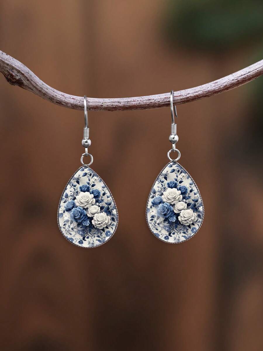1 Pair Dark Vintage Rose Pattern With 316 Stainless Steel Water Drop Ear Hooks, Suitable For Women's Daily Wear - Blue - View 1