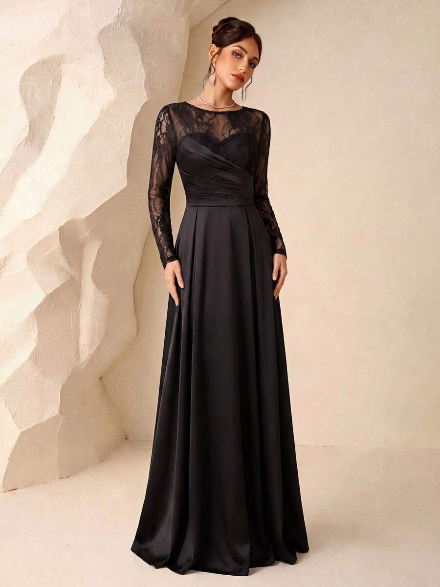 Gaun Maxi Satin Hitam Elegan dengan Leher Bulat, Lengan Panjang, dan Patchwork Renda Bunga - Hitam - View 1