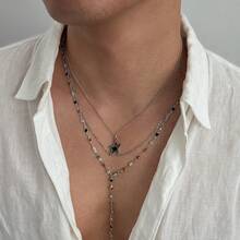 2pcs/Set Fashionable Personalized Multi-Layer Stackable Star Y-Shaped Necklace For Men, Vintage Silver Contrast Color Oil Drop Bead Chain, Niche Personalized Collarbone Chain Accessory - White K - View 9