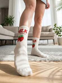 Strawberry Letter Jacquard Mid-Calf Socks, Cute Japanese Style Versatile Student Soft Girl Socks, Comfortable Minimalist Women's Socks - Multicolor - View 3