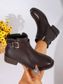Women's Coffee Brown Metal Buckle Lace-Up Ankle Boots, Round Toe Low Square Heel Side Zipper Commuter Casual Short Boots - Coffee Brown - View 1