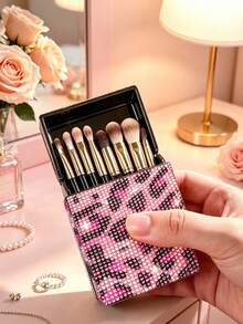 Full Rhinestone Leopard Print Mini Hair Clip Storage Box, Luxury Portable Multi-Functional Storage Box, INS Style Makeup Tool Storage Bag. Flip Cover Dust-Proof Design, Suitable For Travel, Hotel, Commuting And Daily Use. Exquisite Rhinestone Leopard Print Design, Perfect For Beauty Bloggers And Makeup Lovers, Can Store Mini Makeup Brushes, Lip Brushes, Fashionable And Versatile Makeup Storage Item. Couples, Birthday Gift, Back To School, Teacher's Day - Multicolor - View 8