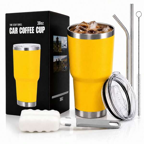 Termo 30oz (880ml) Acero Inoxidable, Tapa Antifuas, Con Popotes y Cepillo. Vaso Termico Para Cerveza, Te Helado, Cafe, Mantiene tus Bebidas Calientes, Frias,  Botella de Agua Para la Escuela, Gimnasio, Oficina