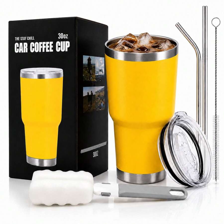 Termo 30oz (880ml) Acero Inoxidable, Tapa Antifuas, Con Popotes y Cepillo. Vaso Termico Para Cerveza, Te Helado, Cafe, Mantiene tus Bebidas Calientes, Frias, Botella de Agua Para la Escuela, Gimnasio, Oficina - Amarillo - Ver 1