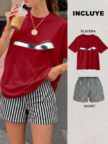 Women Two-Piece Outfits - 2 Red T-shirt With Black and White Striped Shorts - View 1