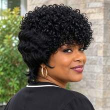 AMECIRE Curly Wig Women's Short-Hair Wig Pixie Cut Wig Human Hair Wig Fashionable Styling Wig With Bangs Human Affordable Wear & Go Wig Suitable For Everyday Wear - Natural Black - View 3