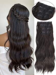 Syntehtic Long Body Wave Clips In Hair Extenstion Protain High Temperature Synthetic Hair Extensions 4Pcs/Lot Black Cool Brown Long Wavy Thick Clip-In Wig Pieces - Multicolor - View 8