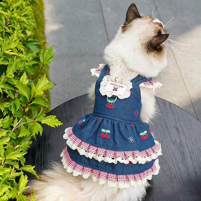 1pc Cherry Denim Pet Princess Dress & Leash Set, Breathable Mesh Layered Ruffle Skirt For Cats And Dogs, Suitable For Daily Walks, Outdoor Photos, Perfect Gift For Pet Lovers