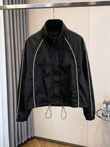 Commuter Casual Colorblock Trim Stand Collar Short Windbreaker Jacket, Autumn Minimalist Outfit, Dropped Shoulder Loose Fit Drawstring Hem American Style Short Jacket, Flight Jacket - Black - View 4