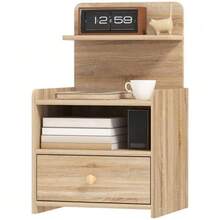 Side Table, Nightstand With Storage, Particle Board, Tip-Over Resistant, Modern, Natural Wood - 天然木材 - 查看 4