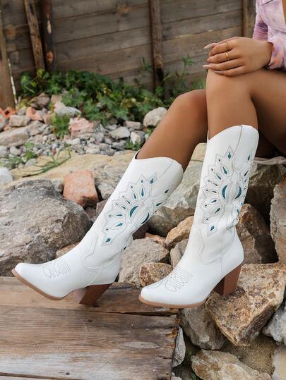 Brown Cowboy Boots Women Vintage American Bohemian Style Chunky High Heel Embroidered Slip-On Western Mid-Calf Boots For Music Festival, Party, Christmas, Halloween, Valentine's Day, Vacation, Travel Essential