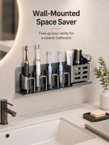 Wall-Mounted Toothbrush Holder | No-Drill Installation | Multi-Color With Storage Slot & Cup | Space-Saving Bathroom Organizer, Suitable For Electric Toothbrushes And Shavers | Modern Design - Multicolor - View 4