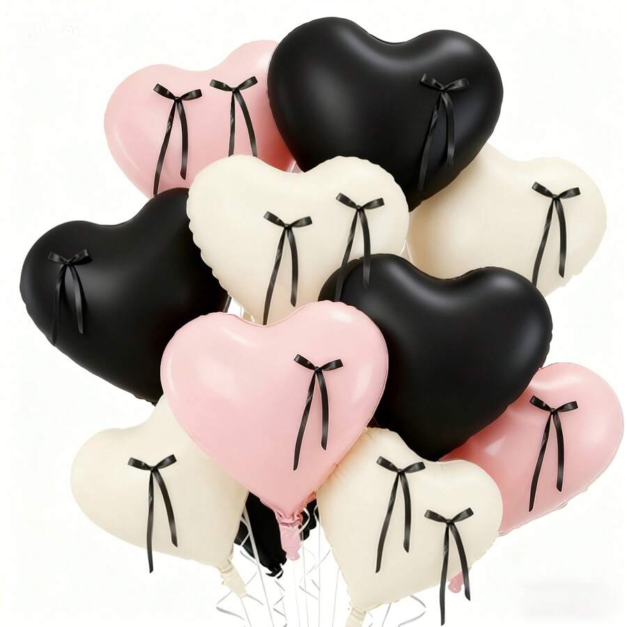 Pink, Black & Cream Heart Foil Balloon Set, Coquette-Style Bow Accent Party Balloons, For Celebrations & Events, 12 Pack - View 1