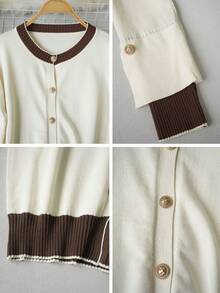 Contrast Color Round Neck Knit Cardigan Women Spring Autumn, Luxury Metal Button Color Block Long Sleeve Commuter Top, Suitable For Daily Wear Or Layering Under Blazer - Apricot - View 10