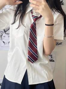1件女款經典JK條紋領帶，手打結學院風海軍藍DK制服襯衫配件，日系基礎韓版日常配飾，適合學生、青少年，適用於Cosplay派對領帶配件、街頭攝影及其他場合，萬聖節 - 酒紅色免打款 - 查看 3