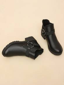 Women's Round Toe Chunky Heel Chelsea Ankle Boots With Metal Ring Buckle Decor, Cool Style, Autumn/Winter Daily Commute - Black - View 7