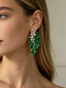 ZR 1 Pair Enamel Leaf Rhinestone Elegant Dangle Earrings, Women's Daily Party Wedding Fashion Jewelry - Enamel Leaf Earrings - View 4