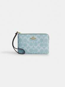 Coach Women's Rounded Zipper Clutch Wallet, Classic Canvas Striped Clutch - Baby Blue - View 8