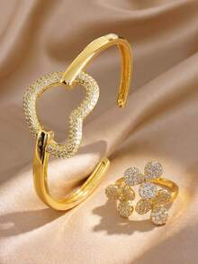 Hollow Heart Zirconia Cuff Bangle&Flower Diamond Open Ring Jewellery Set,Women Golden Jewelry Combo,Holiday Essentials Romantic Dating Party Accessories - Multicolor - View 2