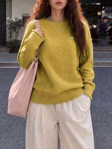 女款秋冬休閒極簡優雅溫柔百搭圓領套頭毛衣 - 黃色 - 查看 3