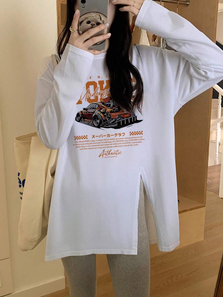 Women's American Vintage Tokyo Racing Car Print Long Sleeve T-Shirt, Loose Fit Side Slit, Street Style Oversize Top Casual - White - View 1