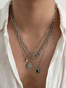 4pcs/Set American Vintage Multi-Layer Stacked Men's Necklace, Distressed Silver Saint Medal Square Rhinestone Carabiner Hip-Hop Accessory - White K - View 9