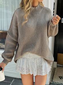 Women's Loose Knit Pullover Sweater, High Neck Long Lantern Sleeves, Suitable For Autumn/Winter Wear - Brown - View 7