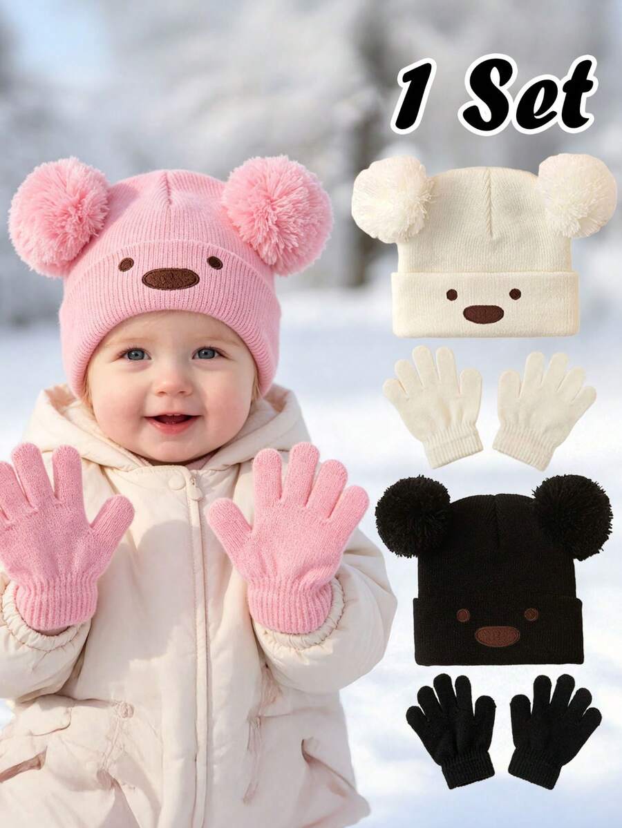 1 Set Newborn Baby Girl Pom Pom Knit Hat + Gloves, Winter Warm Cute ...