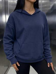 女款寬鬆海軍藍連帽套頭衫，羅紋針織細節，附口袋，秋冬舒適保暖理想選擇 - 藏蓝色 - 查看 5
