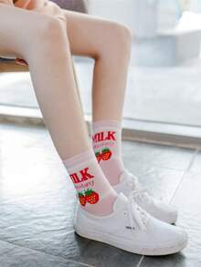 Strawberry Letter Jacquard Mid-Calf Socks, Cute Japanese Style Versatile Student Soft Girl Socks, Comfortable Minimalist Women's Socks - Multicolor - View 7