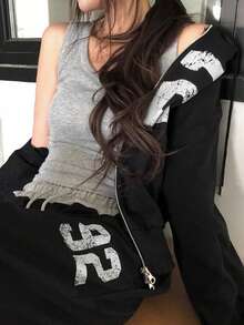 Vintage Printed Distressed Zip-Up Hoodie - Black - View 10