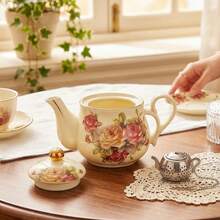 Cottagecore Vintage Rose Print Ceramic Teapot With Stainless Steel Tea Infuser, Retro Floral Loose Leaf Tea Pot For Tea Lovers, Aesthetic Home & Kitchen Decor - Beige - View 3