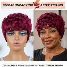 AMECIRE Red Curly Wig Pixie Cut Wig Human Hair Wig 99J Wig Women's Short-Hair Wig With Bangs Stylish Design Elastic Mesh Cap Suitable For Everyday Wear - S99J - View 4