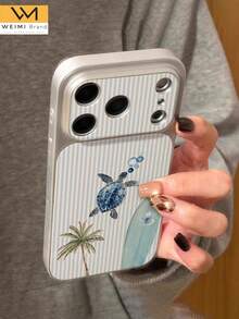 1pc Fashionable Personalized Coconut Tree Turtle Surfboard Pattern Full Coverage Button Classic Anti-Drop Metal Paint High-End Texture Soft Sheepskin Texture PU Leather Phone Case, Suitable As Birthday Gift, Holiday Gift For Friends, Family, Couples, Yourself, Compatible With IPhone 17/16/15/14/13/12/11 Series - Multicolor - View 1