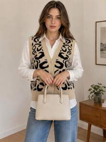 Wixra Women's V-Neck Leopard Print Knit Vest, Front Button Sleeveless Cardigan - Khaki - View 6