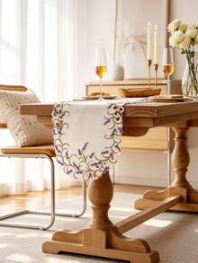 HXARTMIS 1pc Elegant White Lavender Embroidered Table Runner, Handmade Hollow Lace Trim Tablecloth, Vintage Farmhouse Style For Kitchen, Wedding, Party And Home Decor - White - View 3