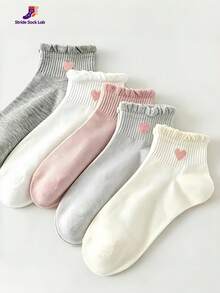 5 Pairs Women's Korean Style Minimalist Coffee Color Heart Pattern Non-Slip Breathable Lace Summer Short Socks, Breathable Casual Short Socks, Soft Comfortable Daily Wear Short Socks, Random Color - Multicolor - View 5