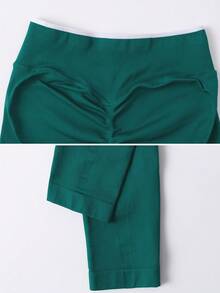 NcmRyu 1pc Women's Fashionable Elastic Contrast Color Ribbed High Waist Patchwork Waistband Butt-Lifting Soft Comfortable Sports Long Pants - Green - View 4