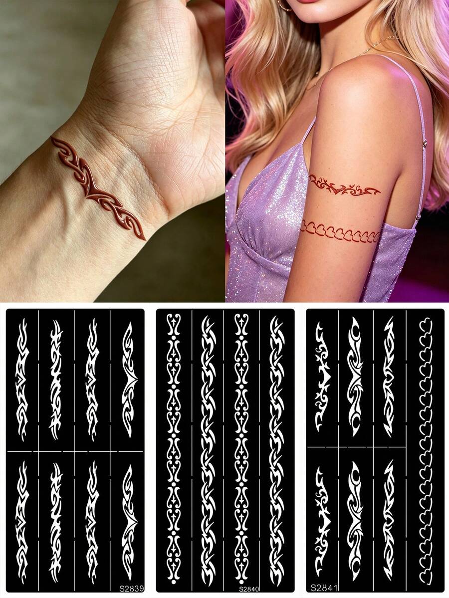 3 Estilos de Plantillas de Tatuaje de Henna con Cadena de Tótem, Diseño Clásico Hueco Vintage, Herramienta de Pintura Corporal DIY para Muñeca y Brazo Superior, Adecuado para Festivales de Música, Fiestas, Atuendos de Chica Sexy