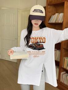 Women's American Vintage Tokyo Racing Car Print Long Sleeve T-Shirt, Loose Fit Side Slit, Street Style Oversize Top Casual - White - View 2