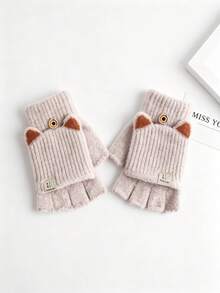 1 Pair Winter Flip-Finger Cat Ear Gloves, Windproof Warm Flip-Cover Hand Gloves, Casual Solid Color Five-Finger Gloves Suitable For Cold Weather - Multicolor - View 16