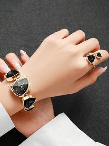 Women's Classic Fashion Gemstone Inlaid Triangle Number Dial Bracelet Quartz Watch + Jewelry Set (5pcs/Set) Watch Box Not Included - Black - View 3
