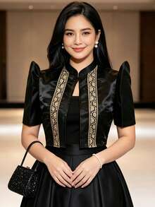 現代菲律賓風女款上衣，蝴蝶袖菲律賓風，優雅印花泡泡短袖女式襯衫 - 黑色 - 查看 1