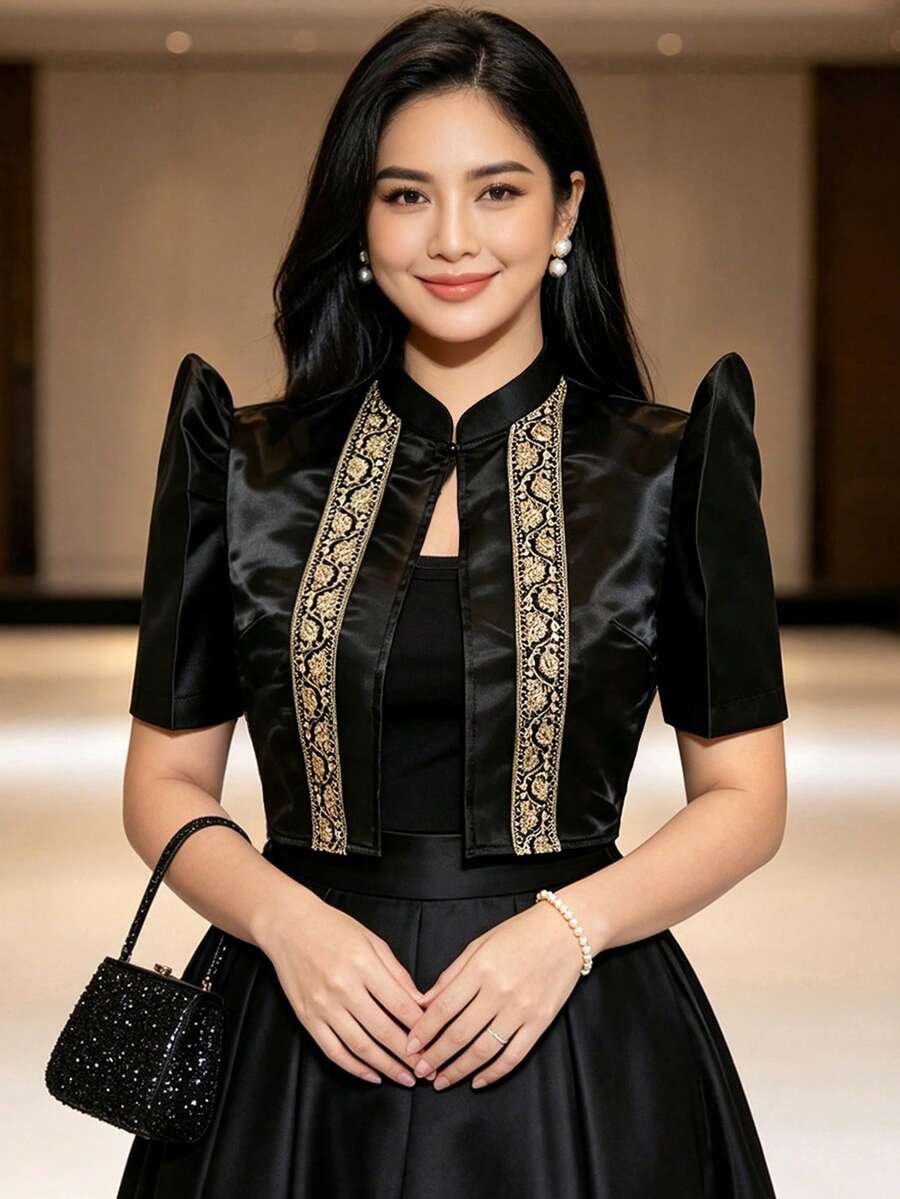 現代菲律賓風女款上衣,蝴蝶袖菲律賓風,優雅印花泡泡短袖女式襯衫 - 黑色 - 查看 1