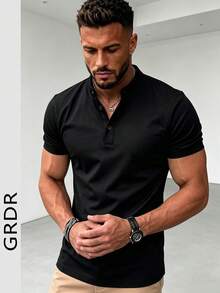 GRDR Men's Summer Fashion Classic Solid Color Henley Collar Short Sleeve, Business Casual Essential Item, Summer Window Display Must-Have - Black - View 2