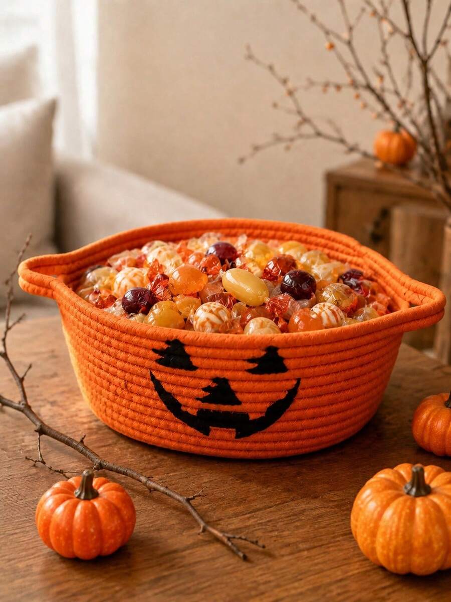 1pc Halloween Pumpkin Face Woven Storage Basket With Handles Large Capacity Candy Basket Organizer Bin, For Trick Or Treat Candy Snacks Party Favors Tabletop Home Decor Entryway Seasonal Display Holiday Gift - Orange - View 1