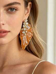 ZR 1 Pair Enamel Leaf Rhinestone Elegant Dangle Earrings, Women's Daily Party Wedding Fashion Jewelry - Enamel Leaf Earrings - View 8